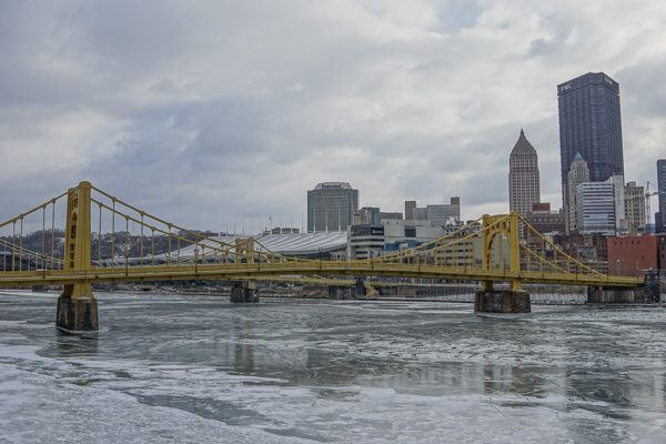 Looking at the Warhol and Carson Bridges with a frozen Allegheny River