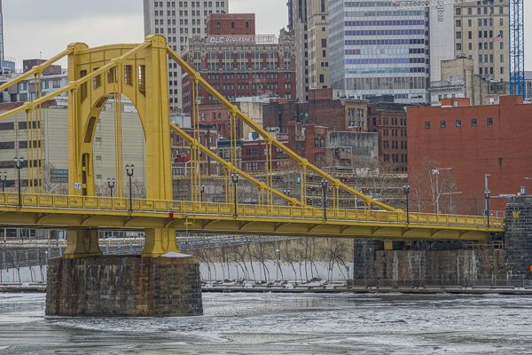 The Warhol Bridge received a fresh coat of paint in late 2017 and stands out in this photo in winter 2018